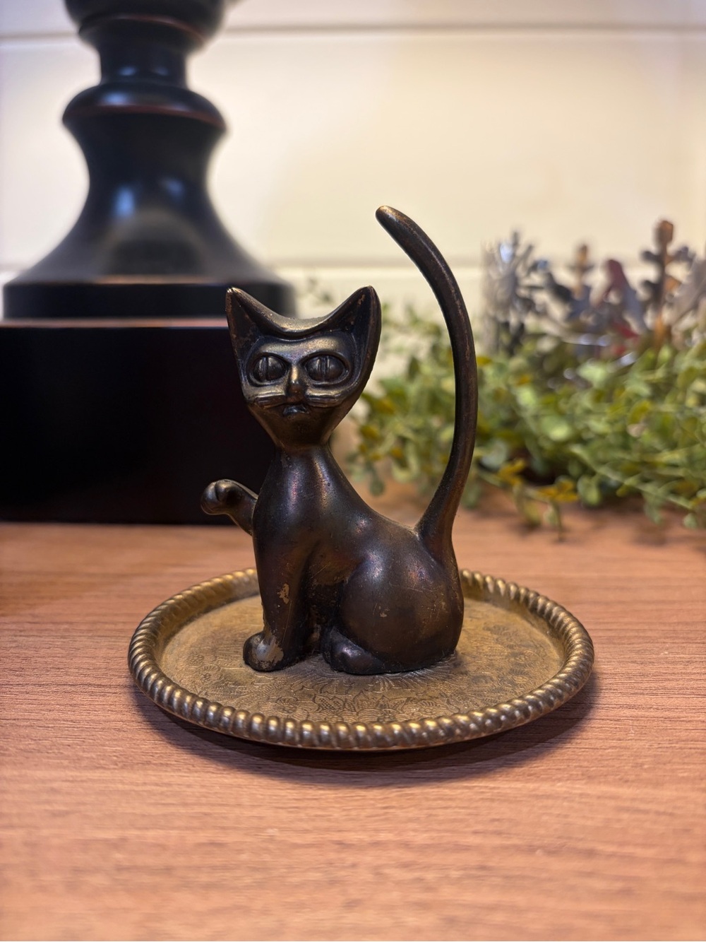 Vintage Brass Silverplated Kitty Cat Ring Trinket Holder Dish MCM Kitten